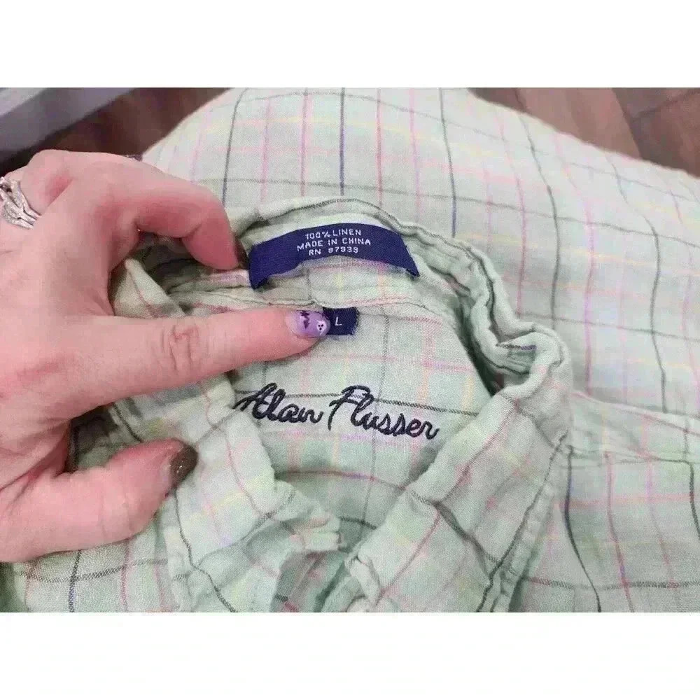 Alan Flusser Shirt Mens Large Green Pastel Colors Button Up Cotton Preppy - Picture 6 of 6